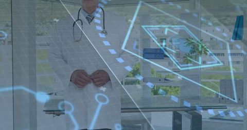 Doctor Examines Digital Blueprint in Futuristic Medical Office