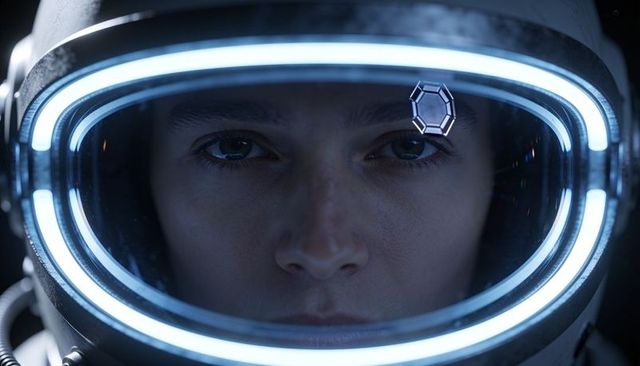 Gazing female astronaut wearing illuminated helmet with holographic hud and led rings