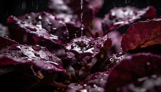 Falling water droplet creating ripples on glossy purple leaf macro botanical texture