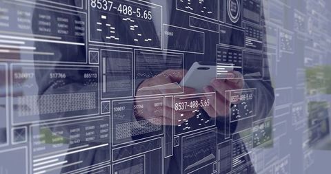 Businesswoman Interacting with Digital Data Panels in Futuristic Office