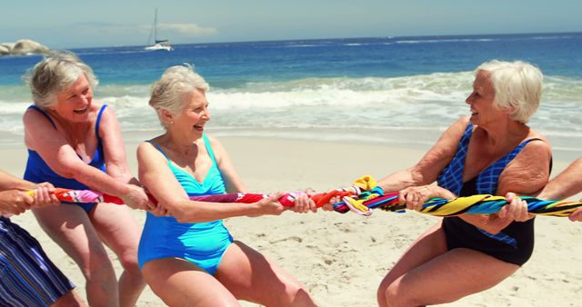 Senior Women Playing Tug-of-War on Beach - Download Free Stock Images Pikwizard.com