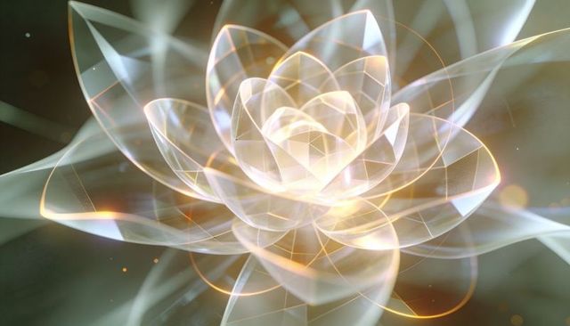 Radiant glass lotus bloom with geometric light rings, translucent layered petals, ethereal glow