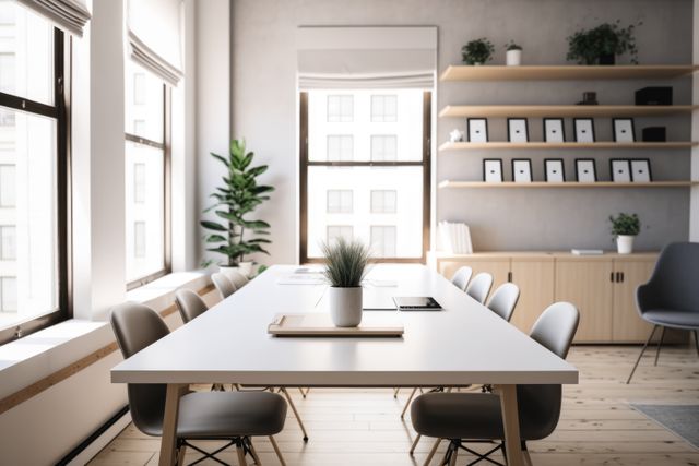 This image features a modern office meeting room with a sleek design. Natural light floods through large windows, illuminating the minimalist conference table and stylish chairs. It is perfect for articles or advertisements about workplace productivity, corporate environments, or office designs.