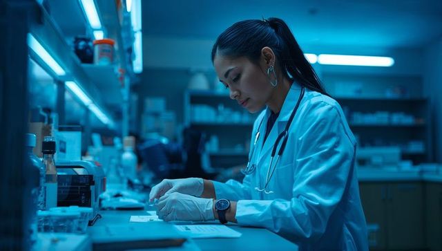 Female lab technician conducting diagnostic testing at bench in modern clinical laboratory