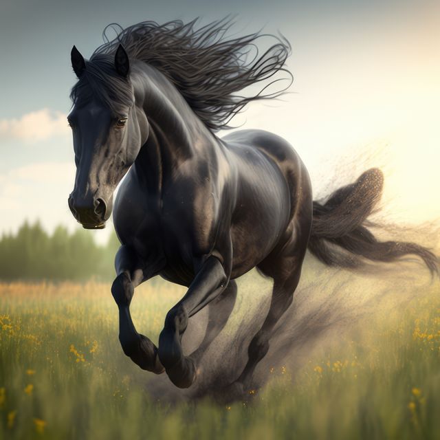 A majestic black horse with a flowing mane is galloping through a grassy field with wildflowers. This image captures the power and beauty of an untamed horse in motion, kicked-up dust trailing behind. Perfect for use in equestrian-themed projects, nature-focused marketing materials, outdoor and wildlife photography, and feminist themes emphasizing strength and freedom.