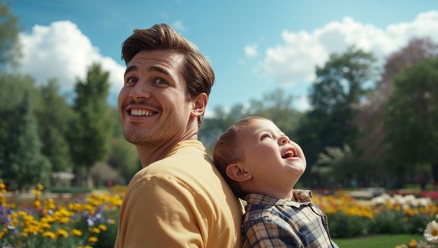 Father and son bonding in scenic park with vibrant flowers