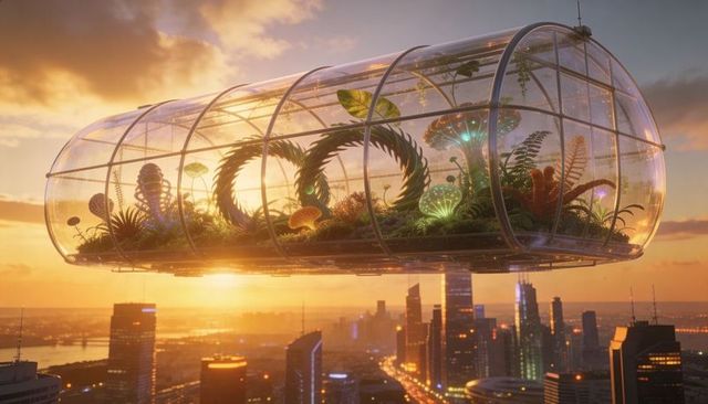 Floating glass biosphere capsule over futuristic city at sunset with glowing flora