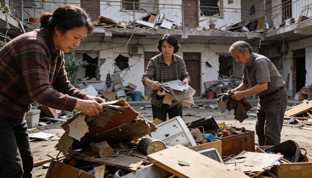 Asian community salvaging household items in damaged courtyard after building collapse