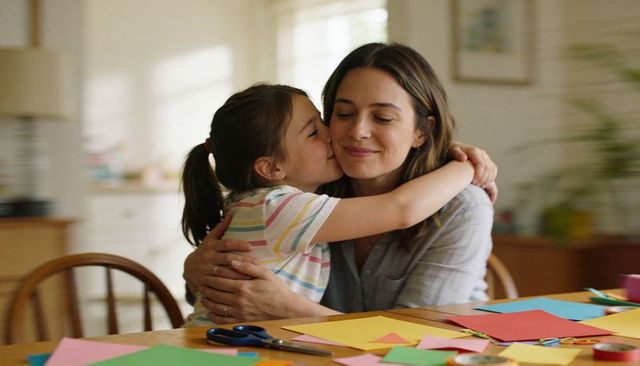 Mother and daughter sharing tender kiss and hug during colorful craft time at home