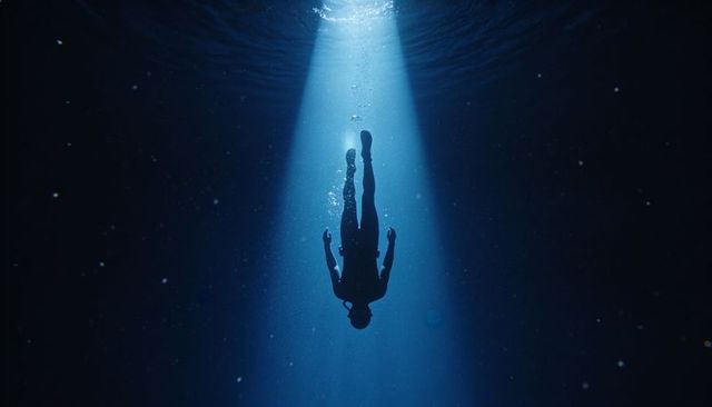 Silhouetted diver descending in deep blue water with dramatic sunbeam and bubbles
