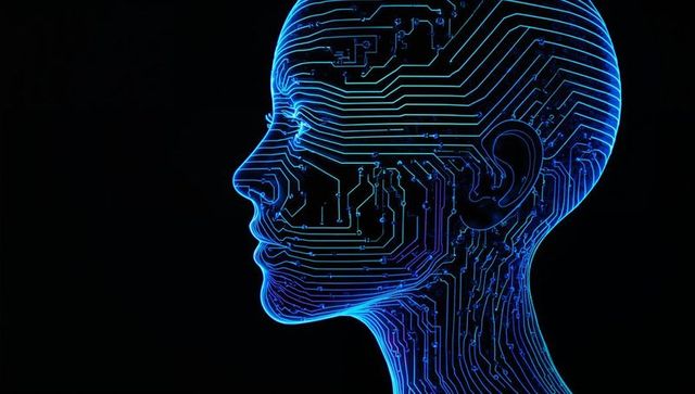 Neon Blue Circuit Head Silhouette Representing AI and Neural Network Technology
