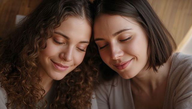 Two women leaning heads together sharing quiet moment, wearing neutral knits, cozy