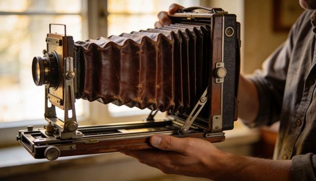 Man restoring antique bellows large format camera by window, hands holding wooden camera