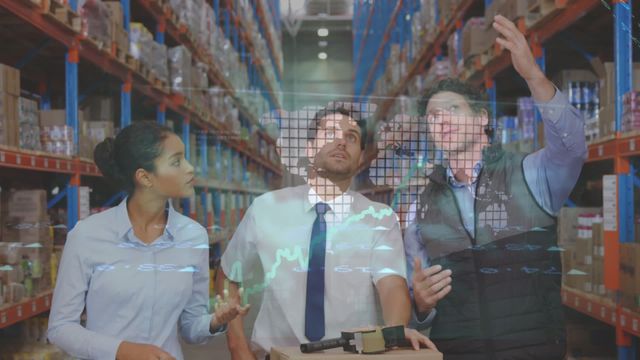 Three diverse warehouse workers analyzing financial data overlaid on aisle shelves filled with goods. Useful for illustrating themes of teamwork, data analysis, technological innovation in logistics, and global shipping processes.