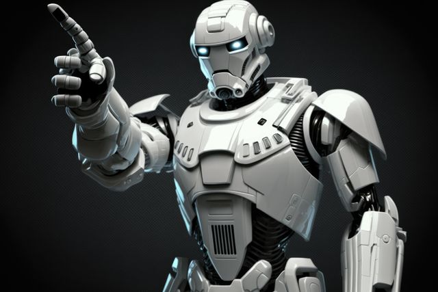 Human robot with white robot parts pointing finger, created using generative ai technology. Cyber, android, futuristic and human robot concept.