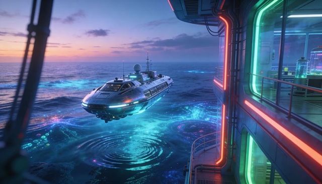 Gliding metallic hover yacht over bioluminescent ocean at dusk with neon platform