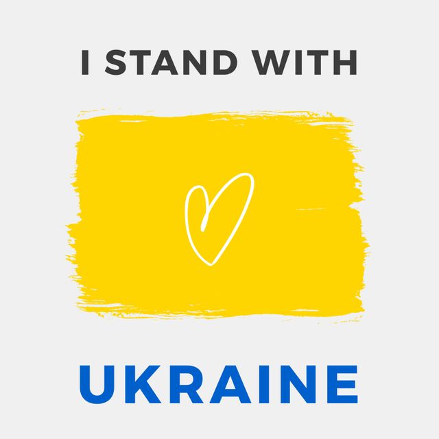 Illustrative support graphic featuring an inspirational message 'I Stand with Ukraine' with a heart shape on a yellow background, ideal for protest signs, social media campaigns, awareness initiatives, and solidarity movements.