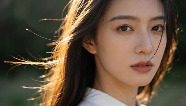 Sunlit east asian woman portrait with wind-swept hair and soft golden backlight