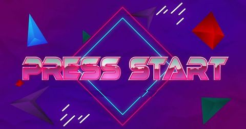 Neon PRESS START Retro Arcade Sign with Diamond Frame and Floating Geometric Shapes Vivid