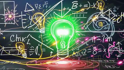 Glowing Green Light Bulb with Equations Symbolizing Innovation and Energy