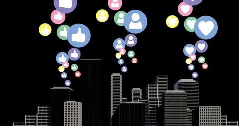 Social Media Icons Floating Above Urban Skyline