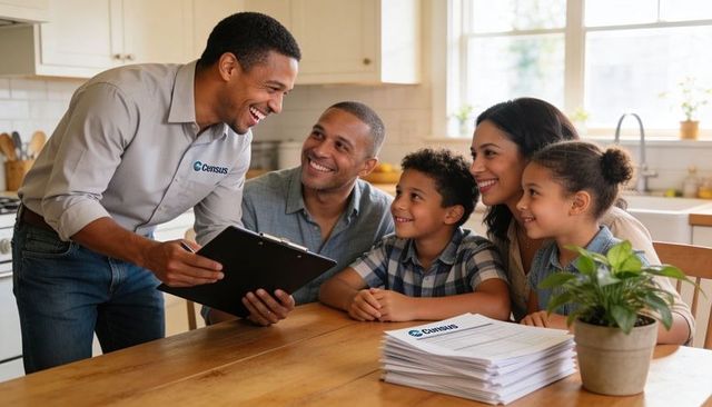 Census worker reviewing household forms with smiling family at sunlit kitchen table