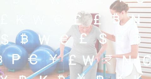 Senior woman undergoing gait rehabilitation with nurse, financial symbols overlay healthcare costs