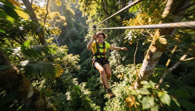 Gliding through tropical rainforest canopy on zipline, woman wearing safety harness