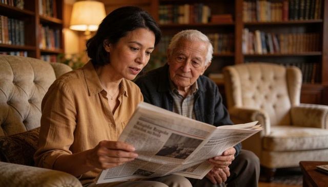 Asian woman reading newspaper with elderly man in cozy library living room