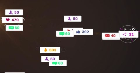 Floating notification badges displaying social metrics and alerts on dark dashboard overlay