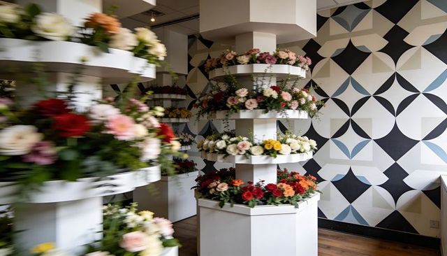 Tiered floral display tower featuring colorful roses and geometric wall mural