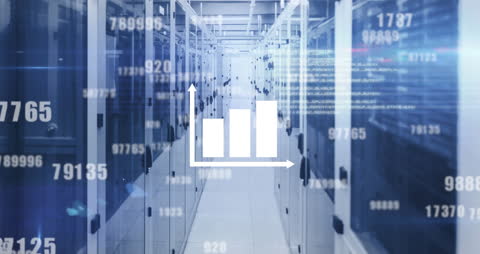 Futuristic Data Center with Digital Analytics Overlay