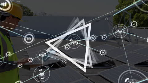 Engineer Analyzing Solar Panels with Digital Network Overlay