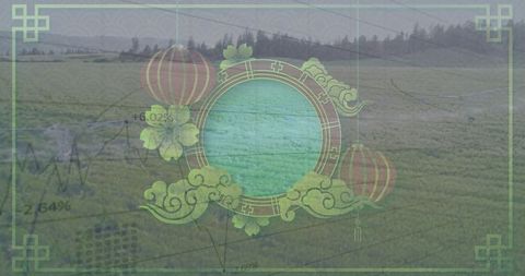 Chinese Decorative Frame with Lanterns Over Agriculture Landscape