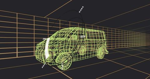 Neon-green wireframe van rotating within 3D grid studio with measurement arcs and CAD blueprint visu