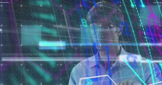 Image of neon shapes over caucasian man using touchscreen. Business, network, data processing, digital interface and technology concept digitally generated image.