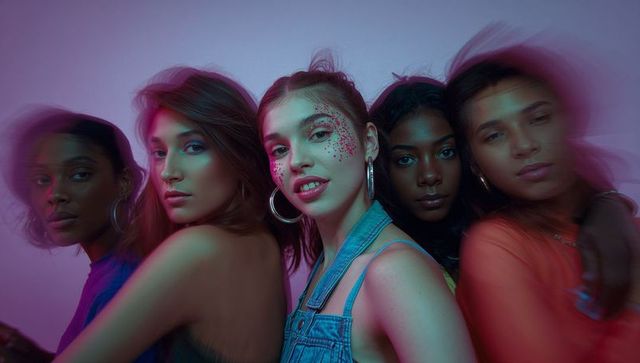 Diverse Group of Models with Glitter Makeup and Vibrant Fashion