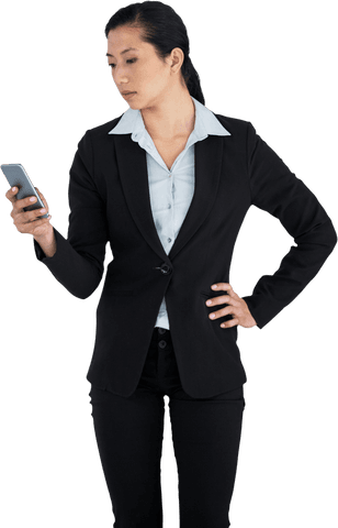 Transparent Asian Businesswoman Using Smartphone at Work