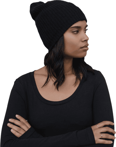 Thoughtful Young Woman in Black Beanie on Transparent Background