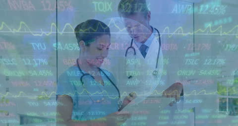 Diverse Doctors Analyzing Medical Data Overlayed with Stock Market Graphics