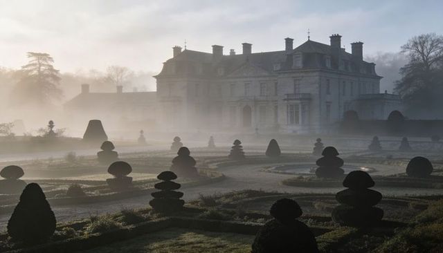 Misty dawn over historic chateau with formal parterre and sculpted topiary