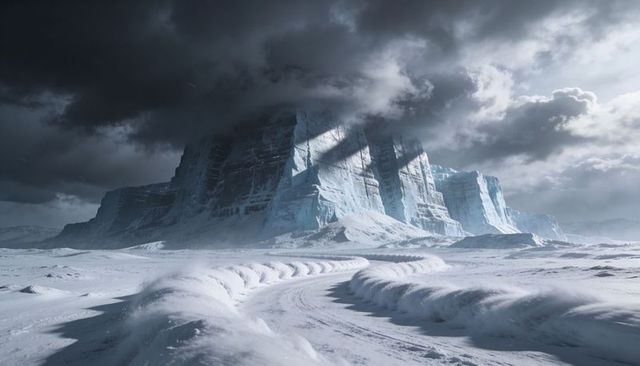 Sunlight piercing storm clouds over ice mesa revealing snow track guiding climate research