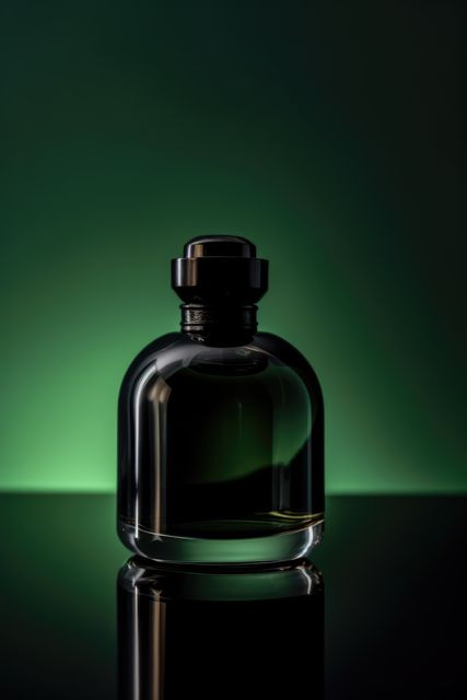 A sleek and stylish black perfume bottle is showcased against a dark background with a green accent, highlighting the luxurious and sophisticated design. Ideal for use in advertising, beauty and fashion blogs, e-commerce sites, and presentations related to cosmetics and luxury goods.