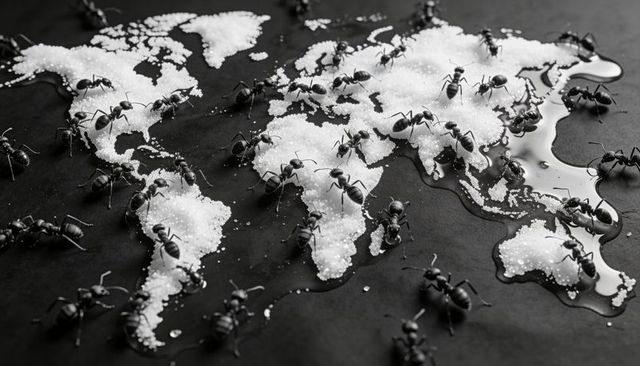 Ant swarm crossing sugar world map concept for global pest and supply chain risk