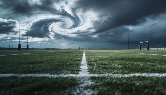 Swirling storm vortex over football field turf with goalposts and dramatic sky