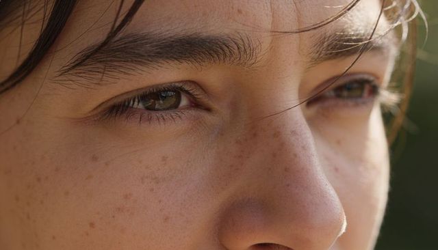 Sunlit freckled adolescent female closeup portrait with eye catchlight and soft bokeh