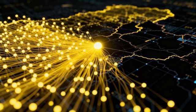 Golden network hub radiating data filaments over dark map grid visualizing connectivity