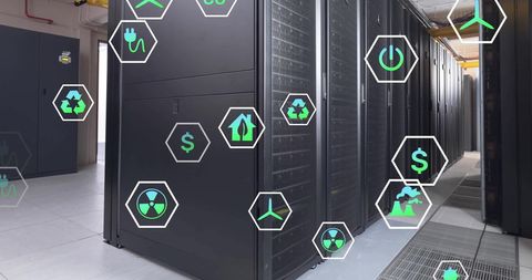 sustainable energy symbols overlay in modern server room - Download Free Stock Images Pikwizard.com