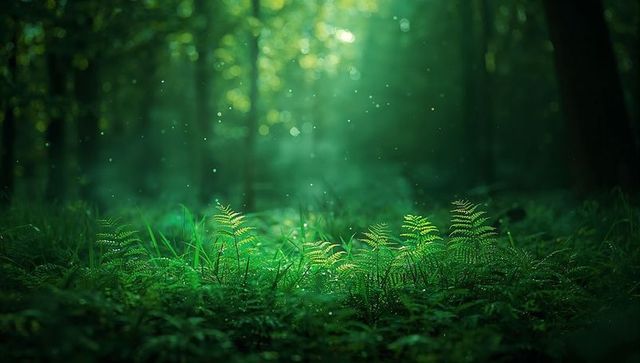 Glowing fern cluster bathing in emerald sunbeams with misty forest bokeh atmosphere