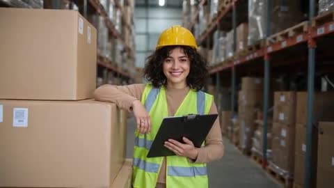 Warehouse Worker Checking Inventory with Clipboard in Distribution Center